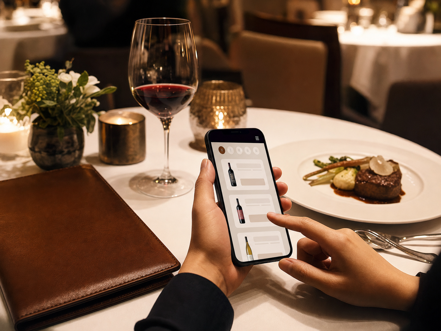 店内でスマホのワインリストを見るイメージ